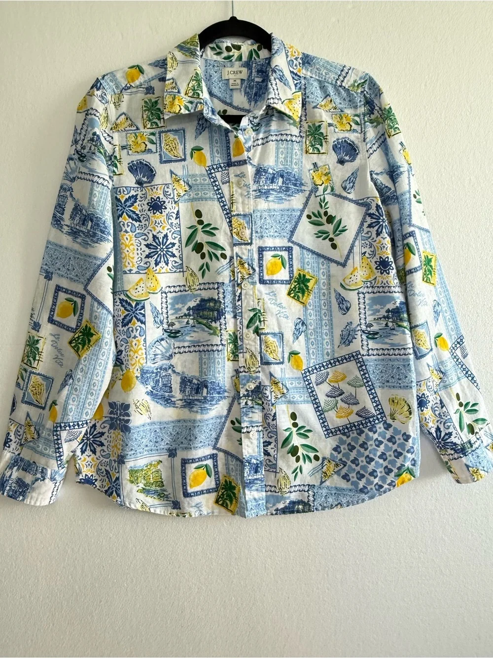J.Crew Linen Blend Blue Tile Lemon Dolce Vita Amalfi Print Shirt Women M